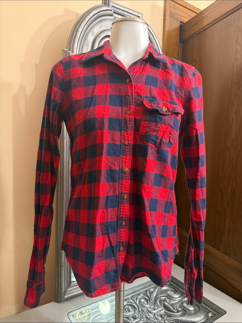 Abercrombie & Fitch Medium Red & Navy Plaid Button-Down Shirt - Picture 5 of 8